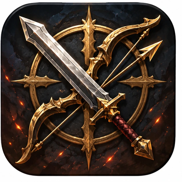 Generated editorial sword and bow crest; not an in-game screenshot